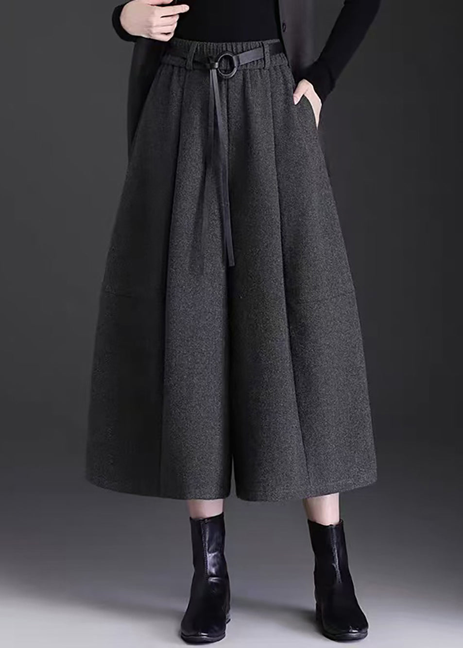 Casual Grey Pockets High Waist Woolen Wide Leg Crop Pants Skirt Fall