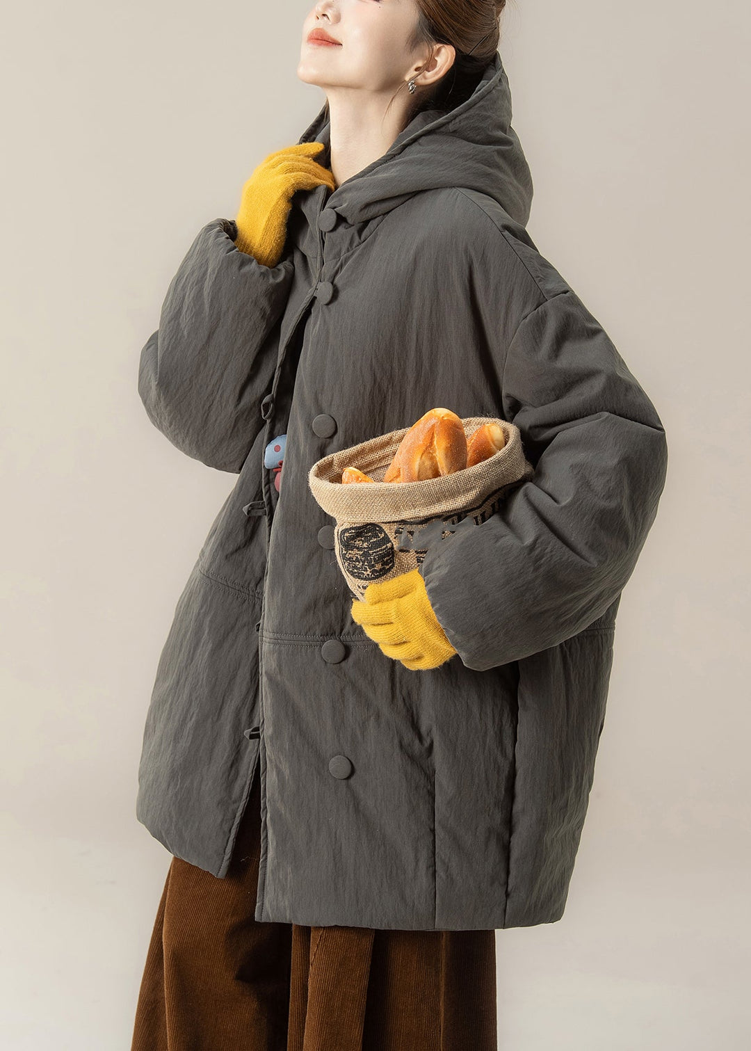 Casual Grey Pockets Hooded Parka Lantern Sleeve