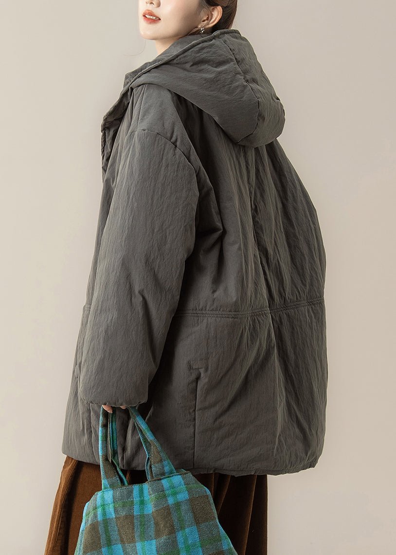 Casual Grey Pockets Hooded Parka Lantern Sleeve