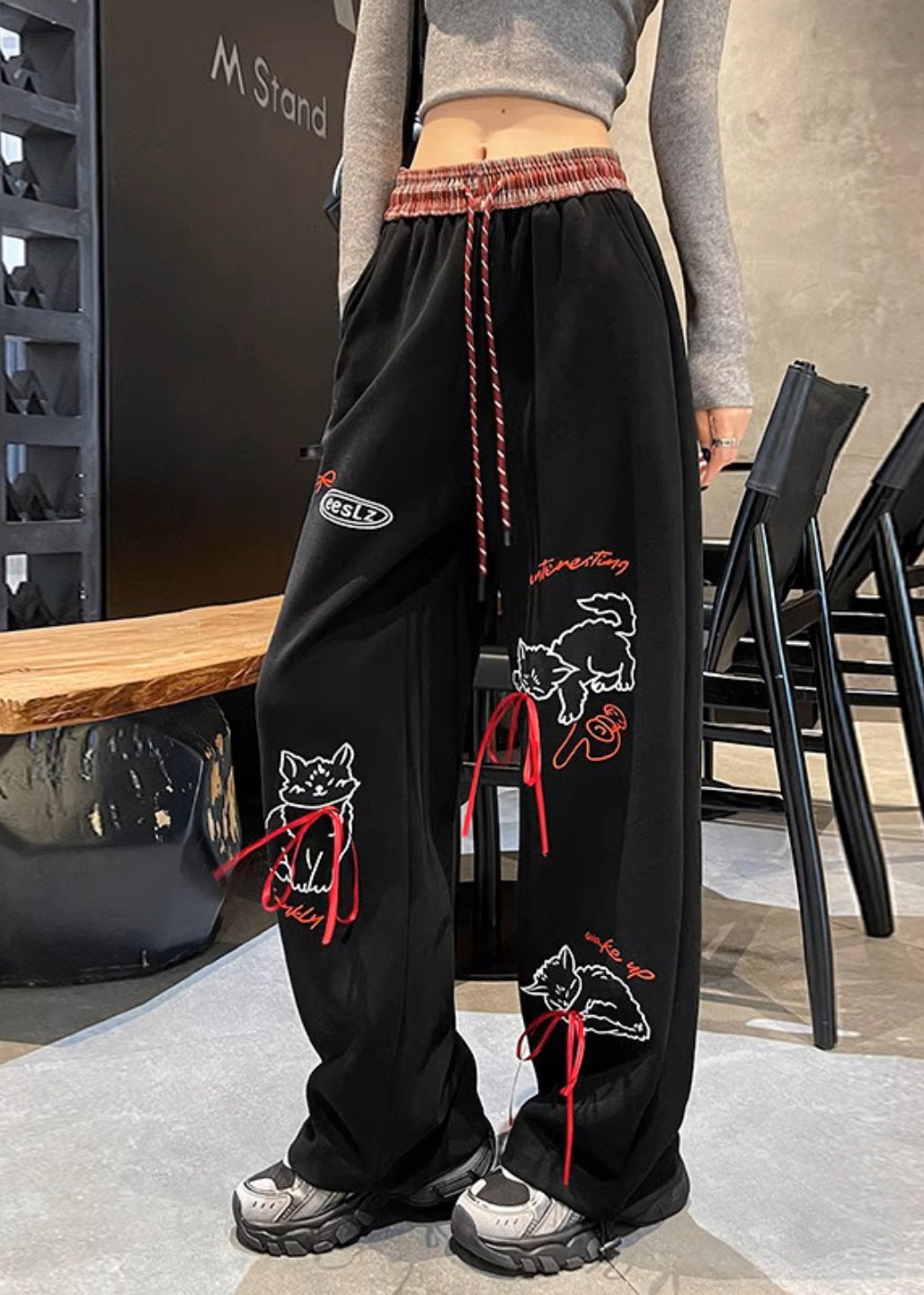 Casual Grey Pockets Print Elastic Waist Cotton Pants Fall