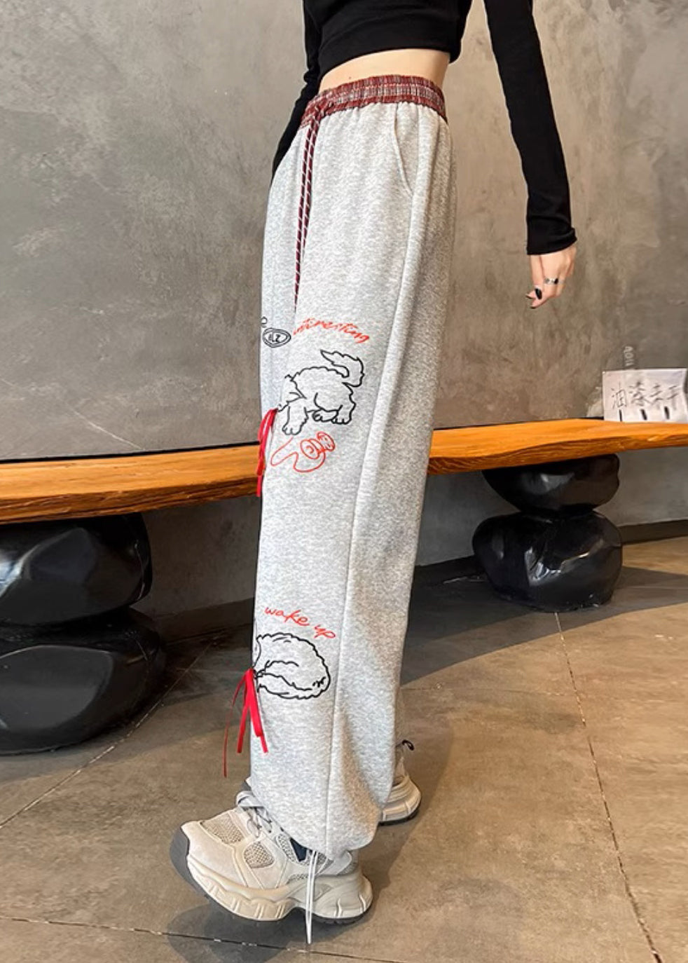 Casual Grey Pockets Print Elastic Waist Cotton Pants Fall