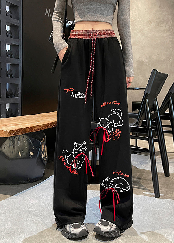 Casual Grey Pockets Print Elastic Waist Cotton Pants Fall