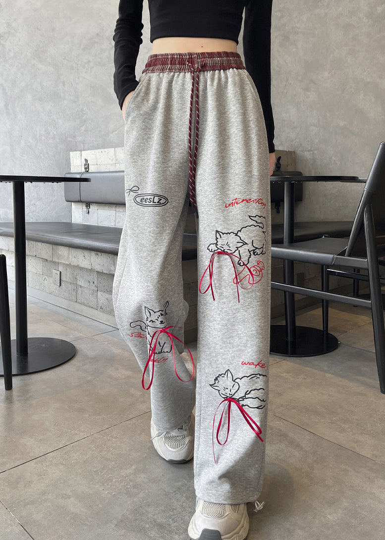 Casual Grey Pockets Print Elastic Waist Cotton Pants Fall