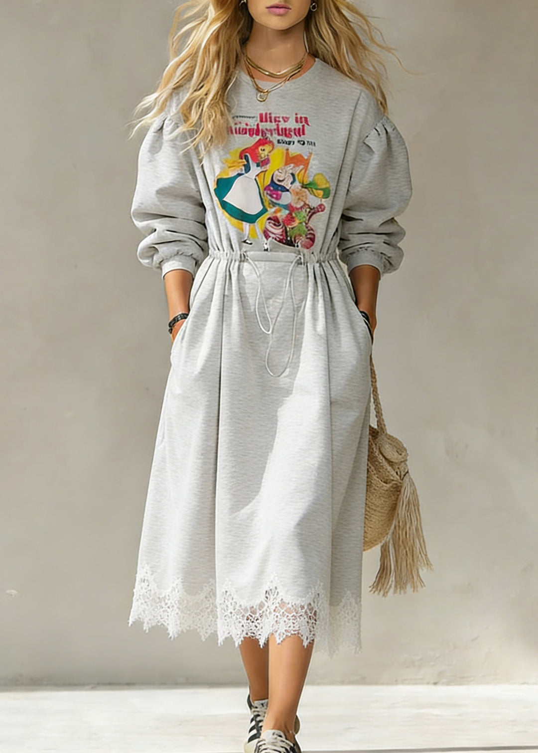 Casual Grey Print Drawstring Lace Patchwork Cotton Sweatshirt Dresses Spring