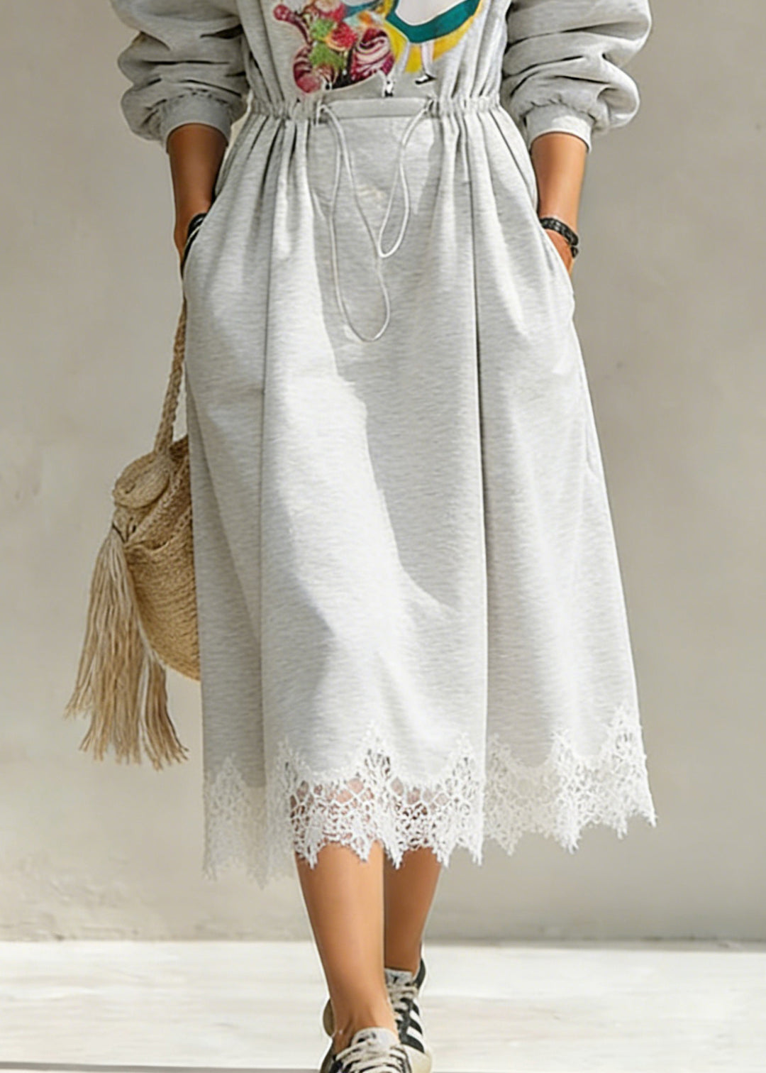 Casual Grey Print Drawstring Lace Patchwork Cotton Sweatshirt Dresses Spring