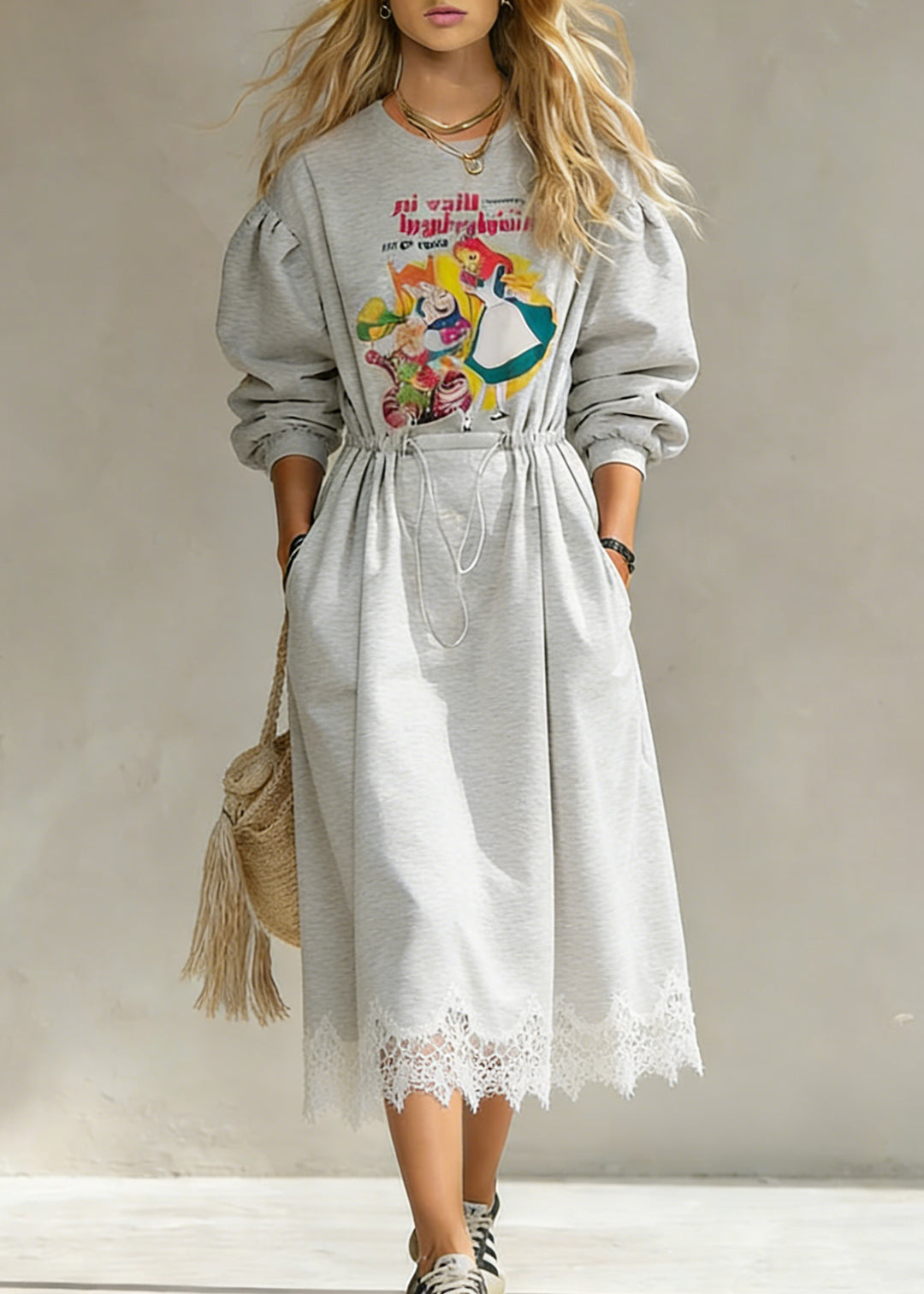 Casual Grey Print Drawstring Lace Patchwork Cotton Sweatshirt Dresses Spring