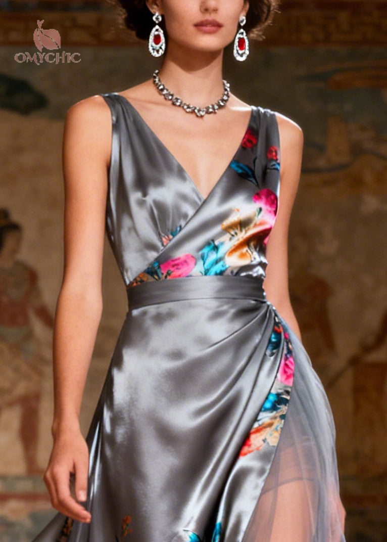 Casual Grey Print Patchwork Tulle Silk Holiday Dress Summer