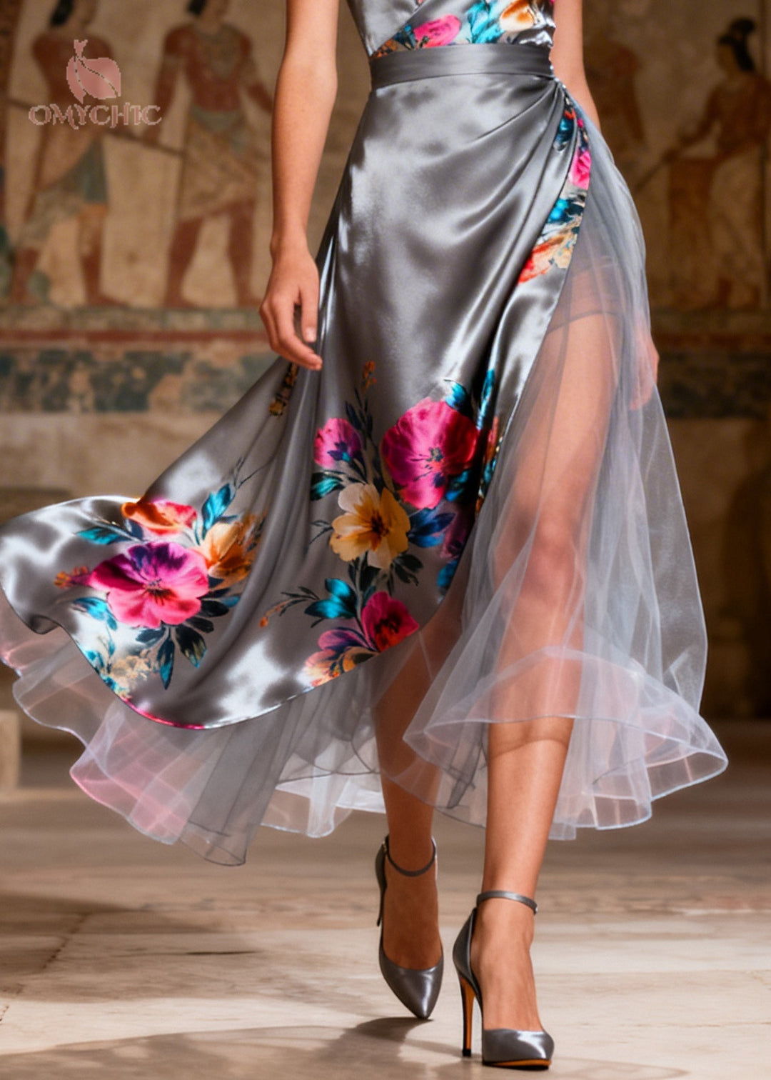 Casual Grey Print Patchwork Tulle Silk Holiday Dress Summer