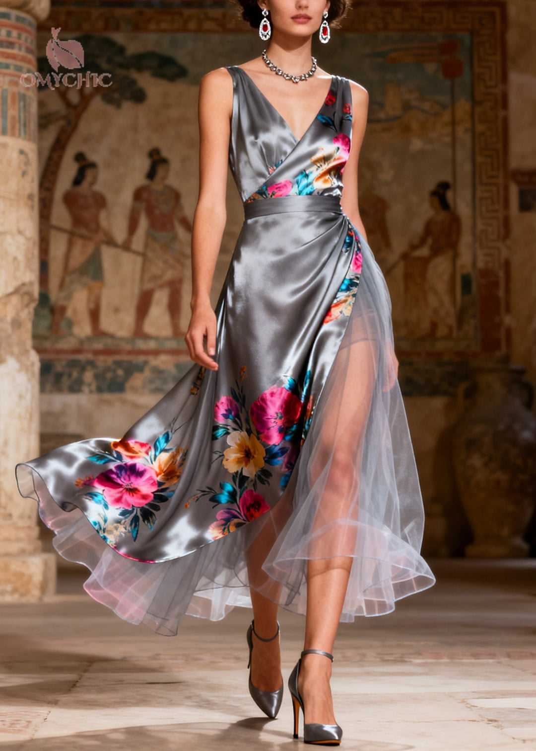 Casual Grey Print Patchwork Tulle Silk Holiday Dress Summer