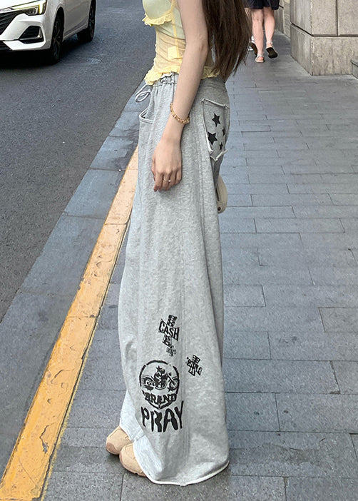 Casual Grey Print Pockets Elastic Waist Cotton Pants Summer