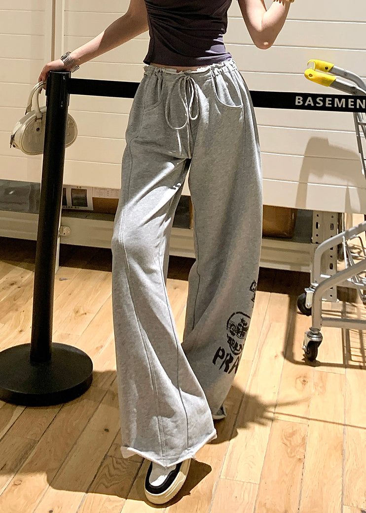 Casual Grey Print Pockets Elastic Waist Cotton Pants Summer