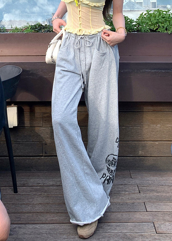 Casual Grey Print Pockets Elastic Waist Cotton Pants Summer