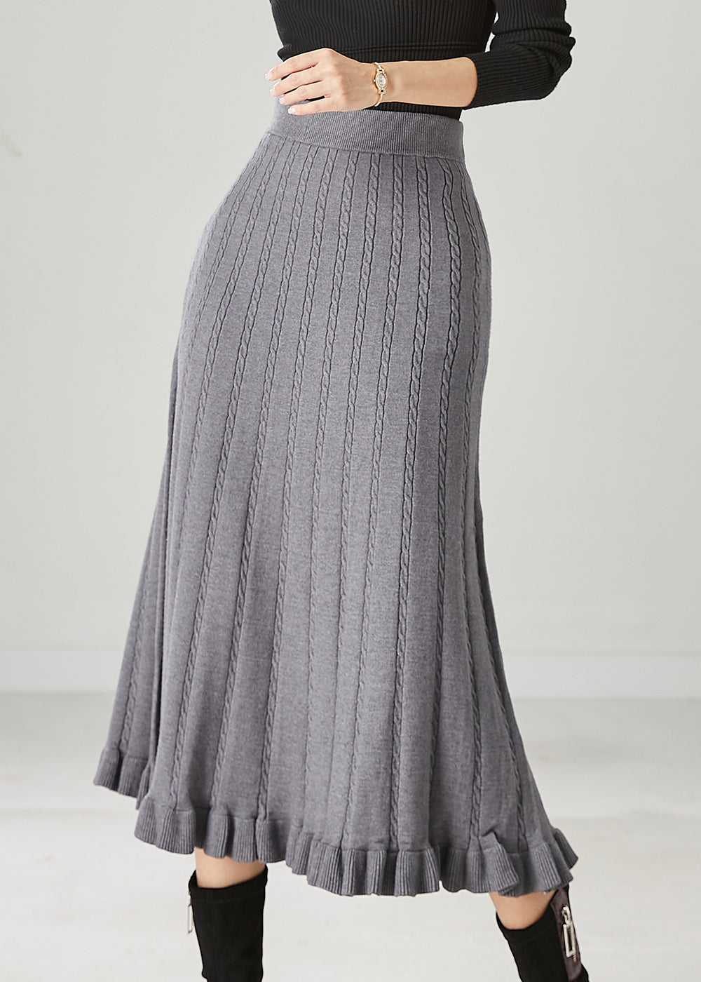 Casual Grey Ruffled Exra Large Hem Knit Skirts Spring