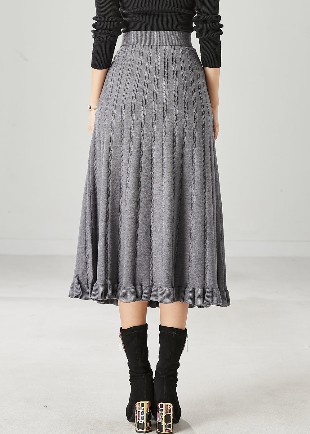 Casual Grey Ruffled Exra Large Hem Knit Skirts Spring