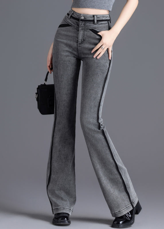 Casual Grey Silm Fit Patchwork Denim Bell-bottom Trousers Spring