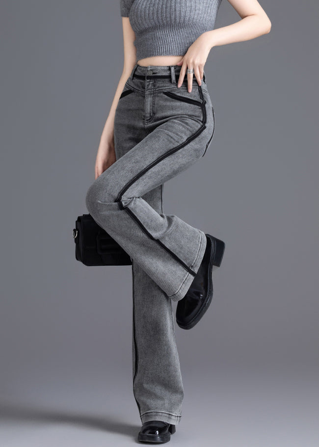 Casual Grey Silm Fit Patchwork Denim Bell-bottom Trousers Spring