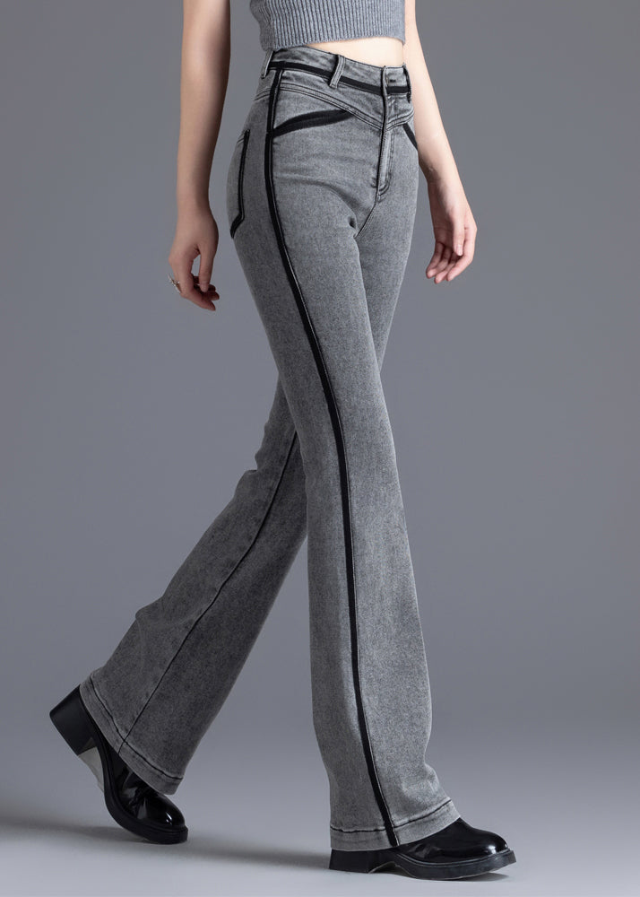 Casual Grey Silm Fit Patchwork Denim Bell-bottom Trousers Spring