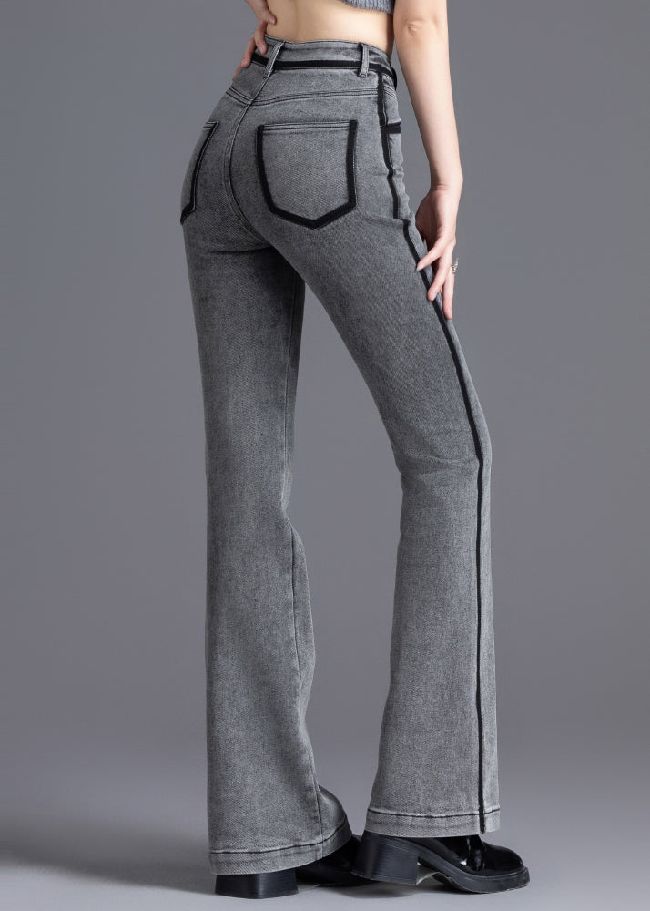 Casual Grey Silm Fit Patchwork Denim Bell-bottom Trousers Spring