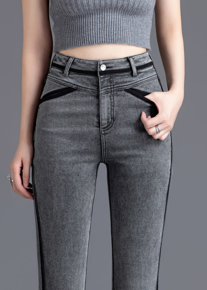 Casual Grey Silm Fit Patchwork Denim Bell-bottom Trousers Spring