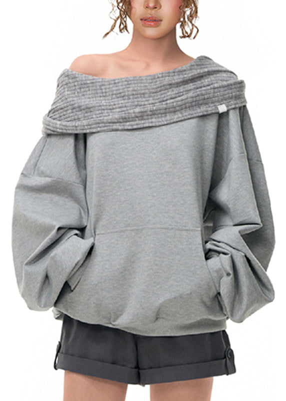 Casual Grey Slash Neck Pockets Sweatshirts Lantern Sleeve