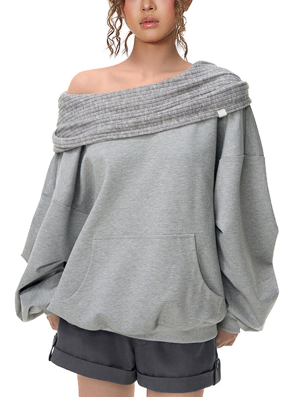 Casual Grey Slash Neck Pockets Sweatshirts Lantern Sleeve