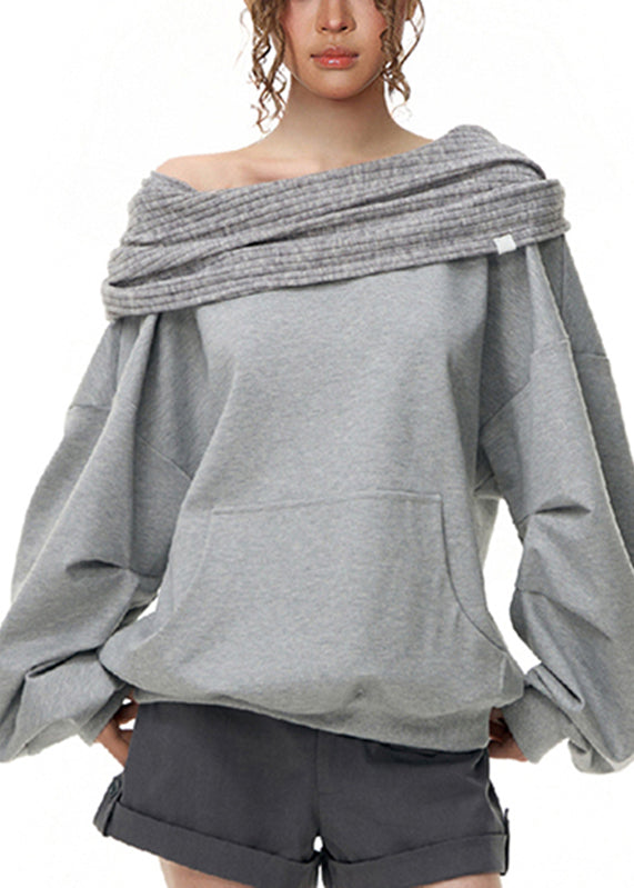 Casual Grey Slash Neck Pockets Sweatshirts Lantern Sleeve