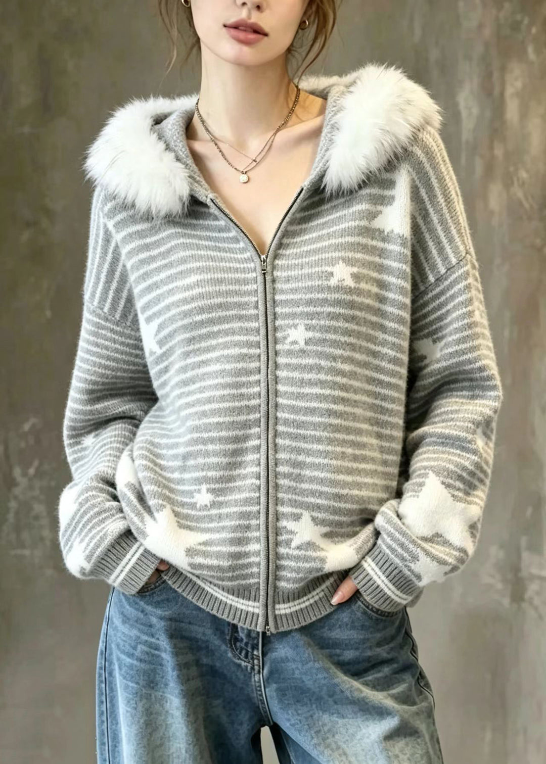 Casual Grey Stars Faux Fur Trim Hooded Striped Mink Hair Knitted Jacke Long Sleeve