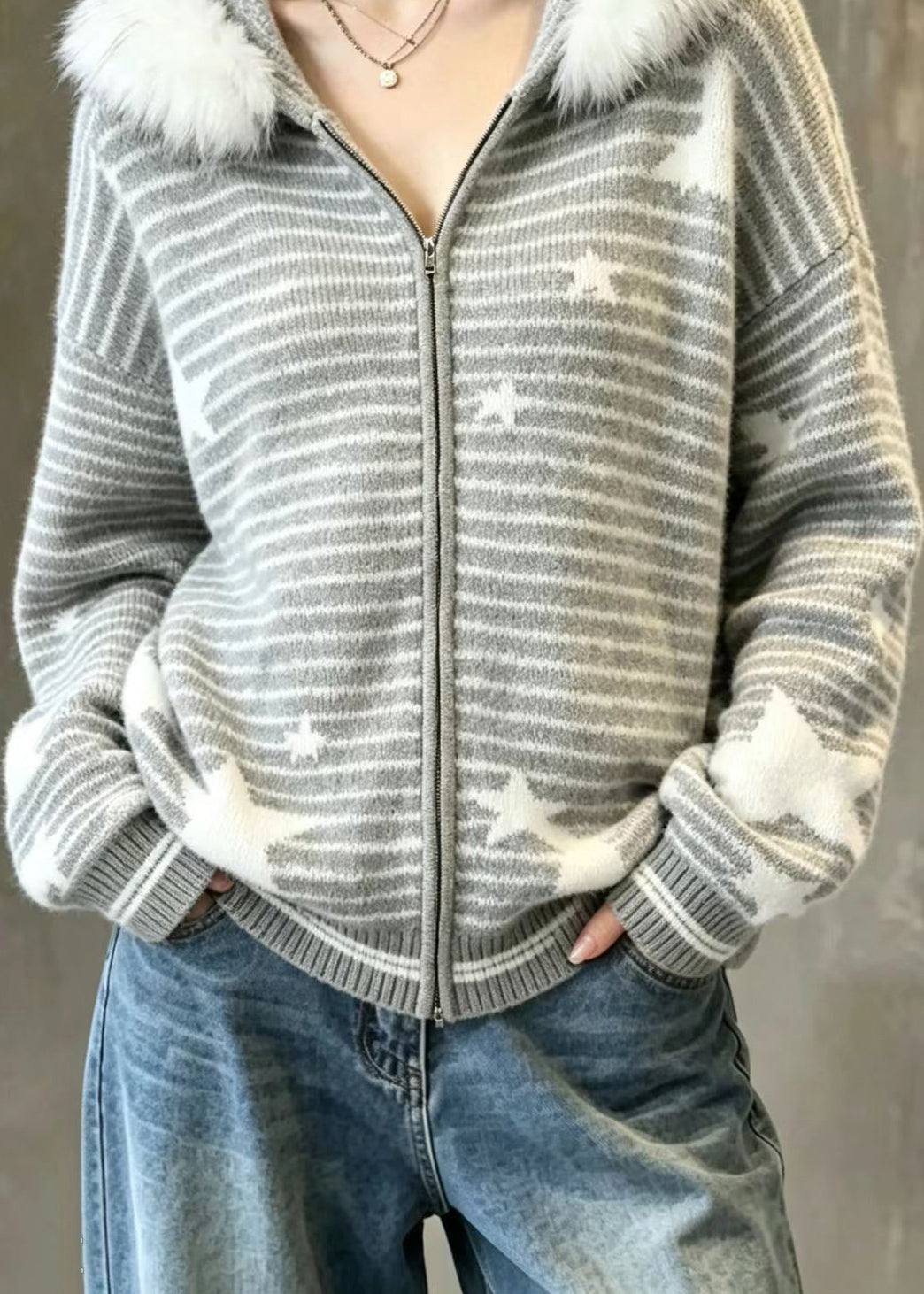Casual Grey Stars Faux Fur Trim Hooded Striped Mink Hair Knitted Jacke Long Sleeve