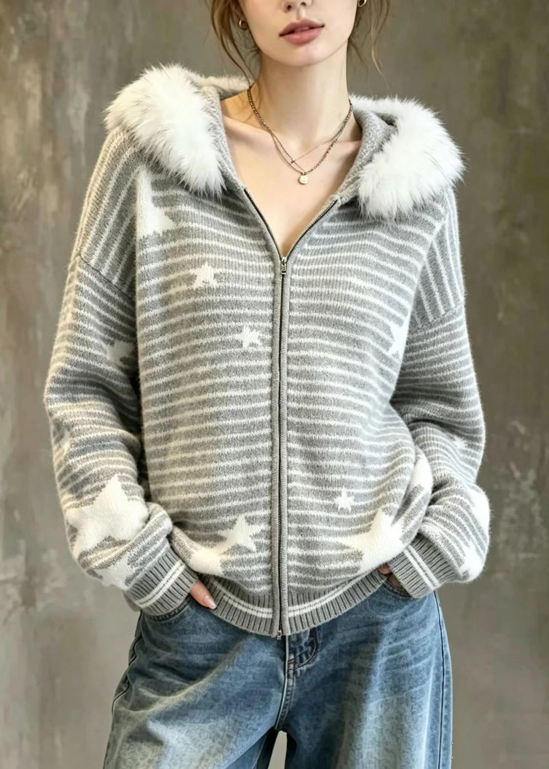 Casual Grey Stars Faux Fur Trim Hooded Striped Mink Hair Knitted Jacke Long Sleeve