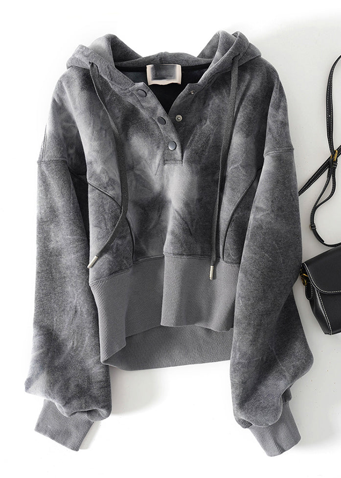 Casual Grey Tie Dye Drawstring Hooded Sweatshirts Top Fall