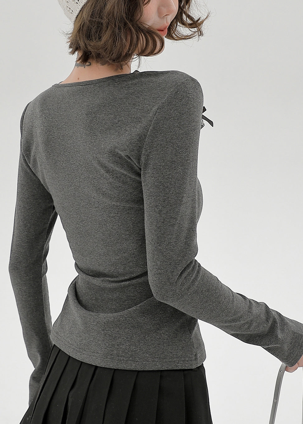 Casual Grey U Neck Lace Patchwork Cotton Shirts Spring