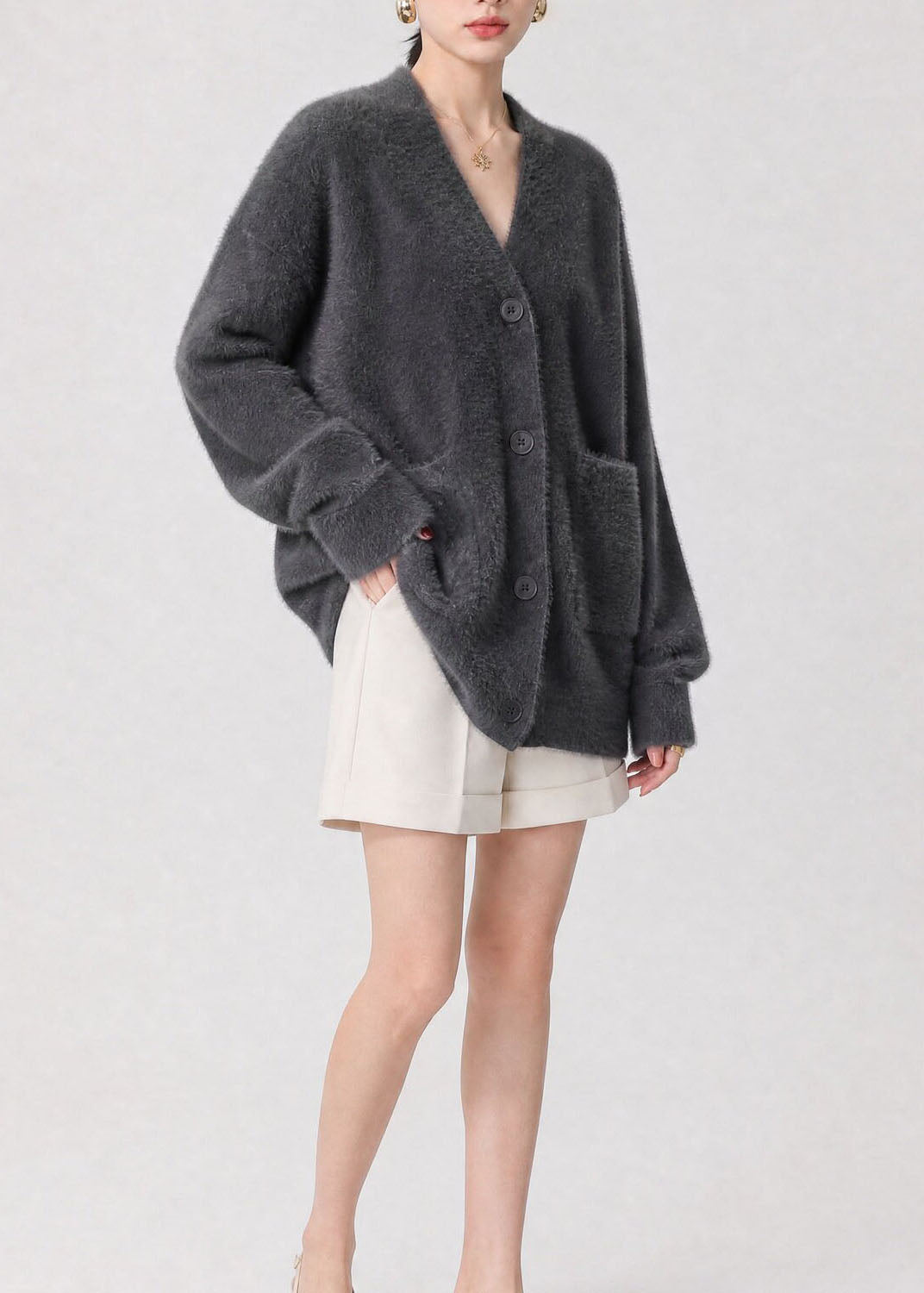 Casual Grey V Neck Button Pockets Knit Cardigan Fall
