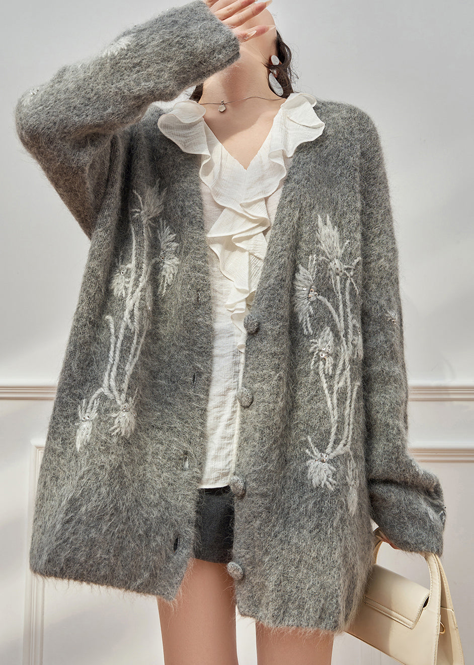 Casual Grey V Neck Embroidered Floral Cotton Knit Cardigan Fall