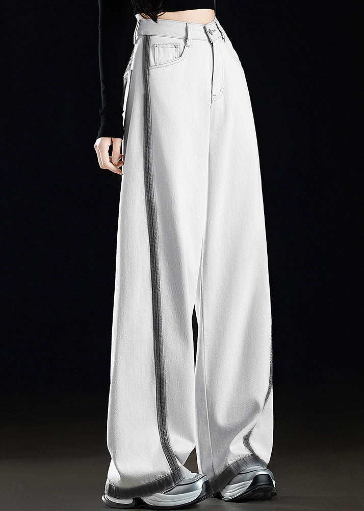 Casual Grey White Pockets Patchwork Denim Wide Leg Pants Spring