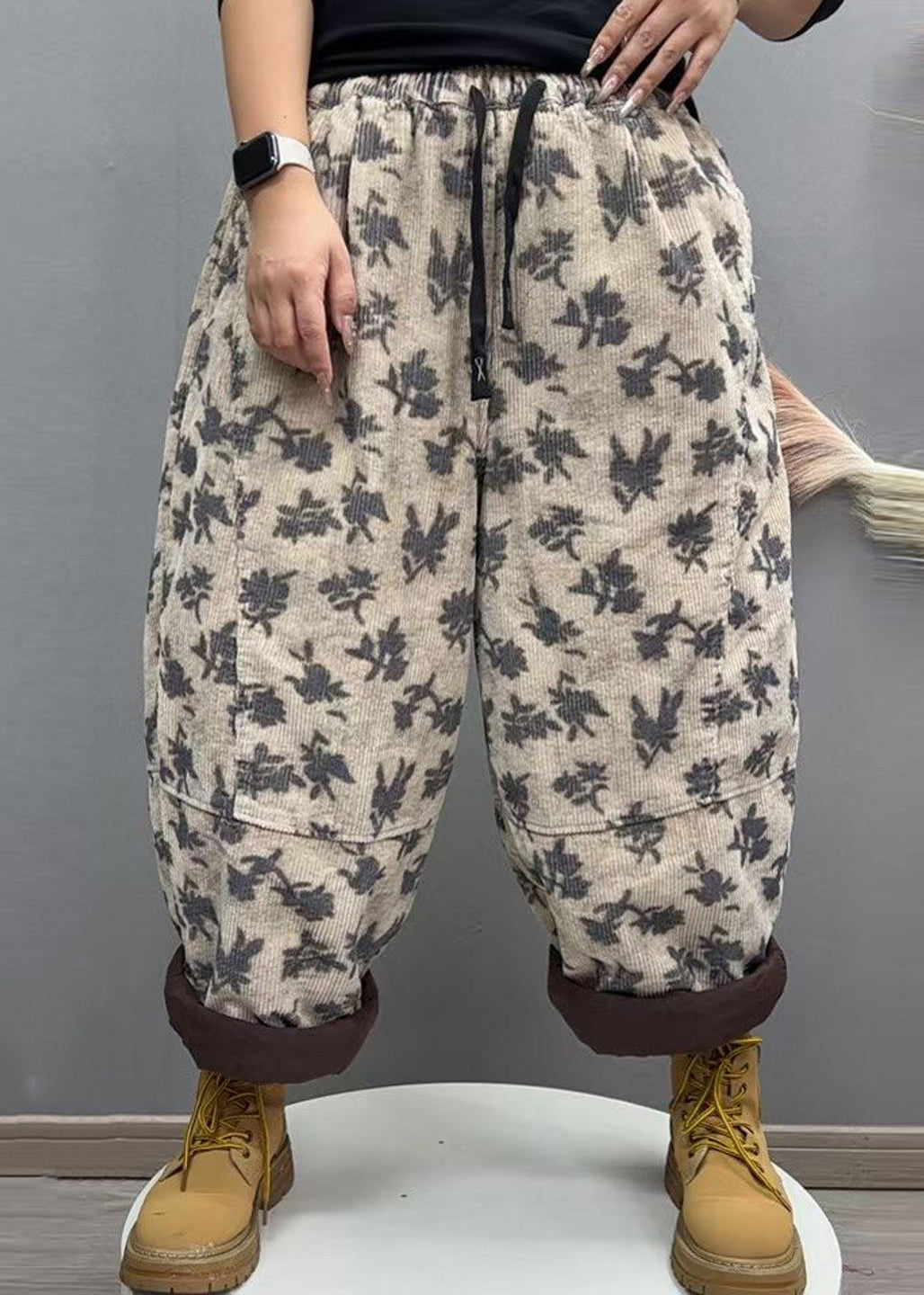 Casual Grey White Print Patchwork Corduroy Fine Cotton Filled Pants Winter