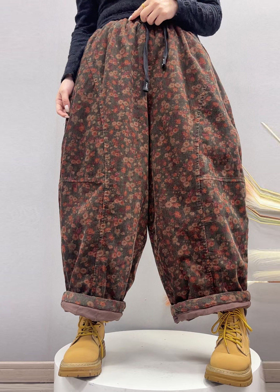 Casual Grey White Print Patchwork Corduroy Fine Cotton Filled Pants Winter
