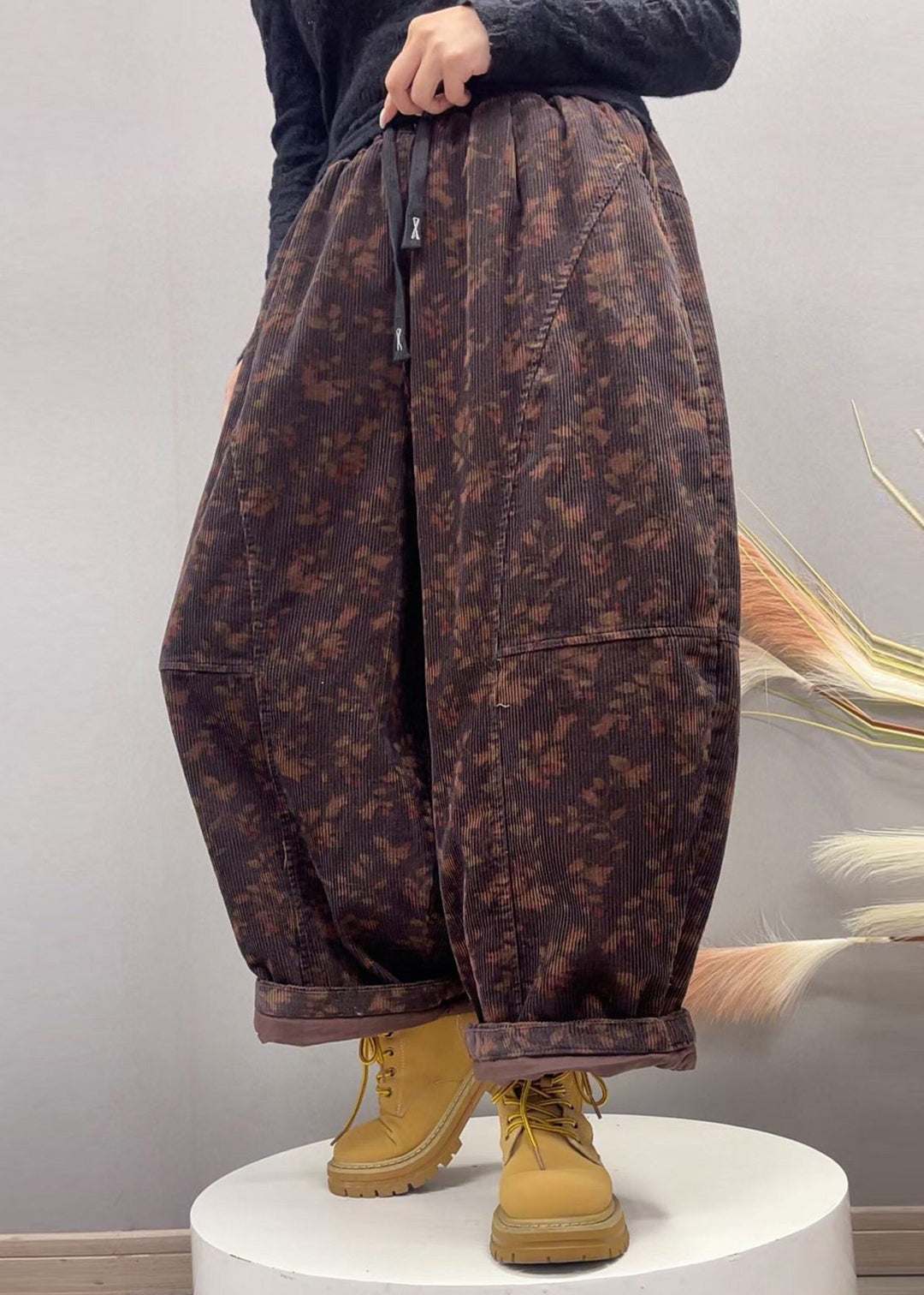 Casual Grey White Print Patchwork Corduroy Fine Cotton Filled Pants Winter