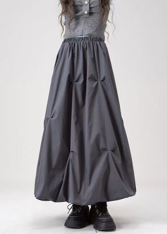Casual Grey Wrinkled Elastic Waist Cotton Skirts Fall