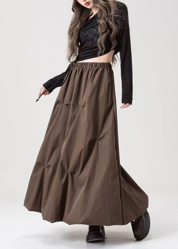 Casual Grey Wrinkled Elastic Waist Cotton Skirts Fall