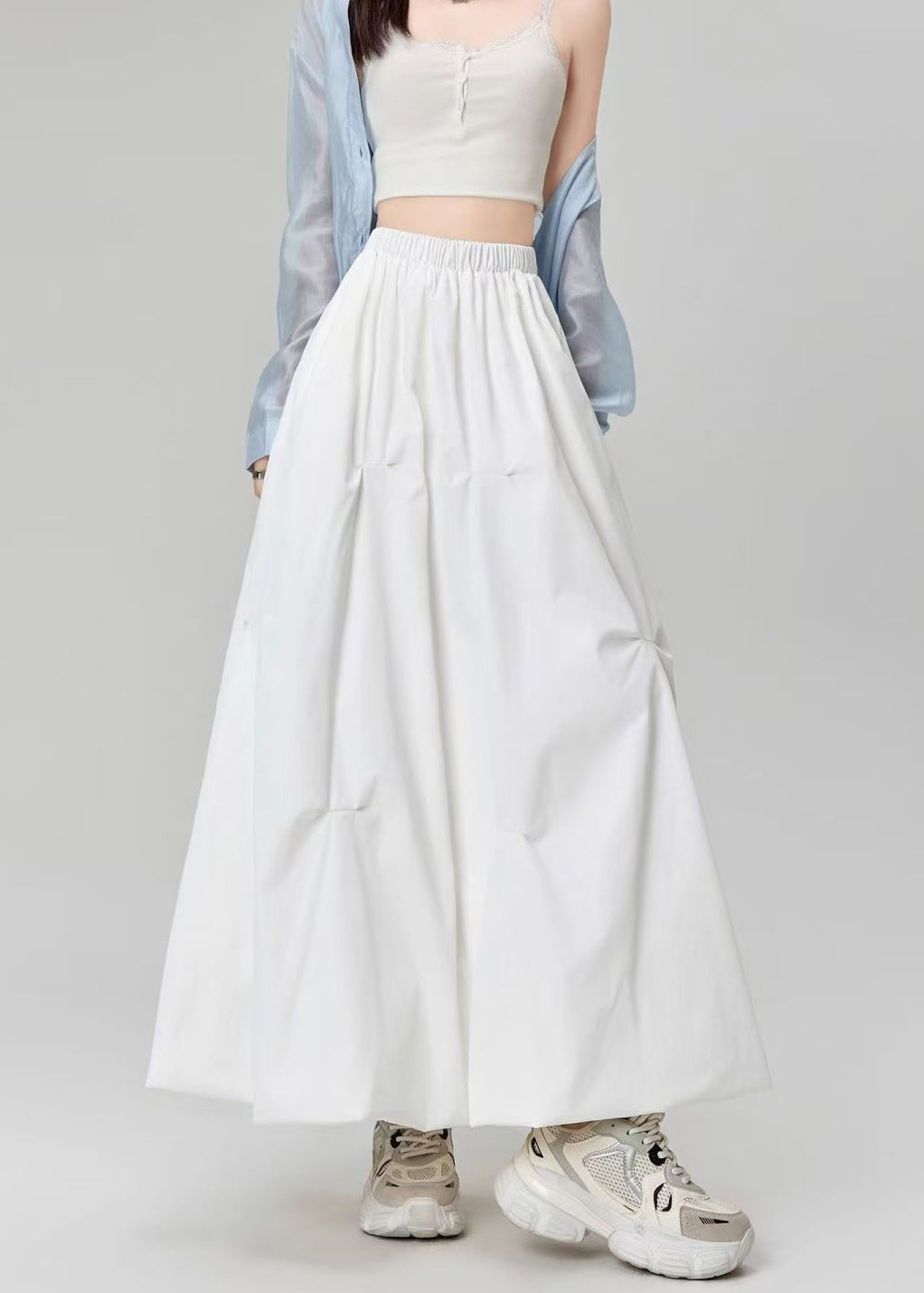 Casual Grey Wrinkled Elastic Waist Cotton Skirts Fall