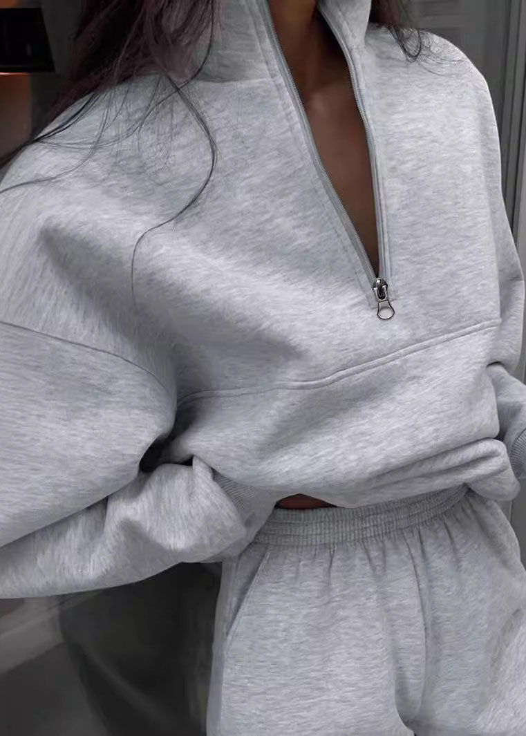 Casual Grey Zip Up Cotton Women Sets 2 Pieces Spring