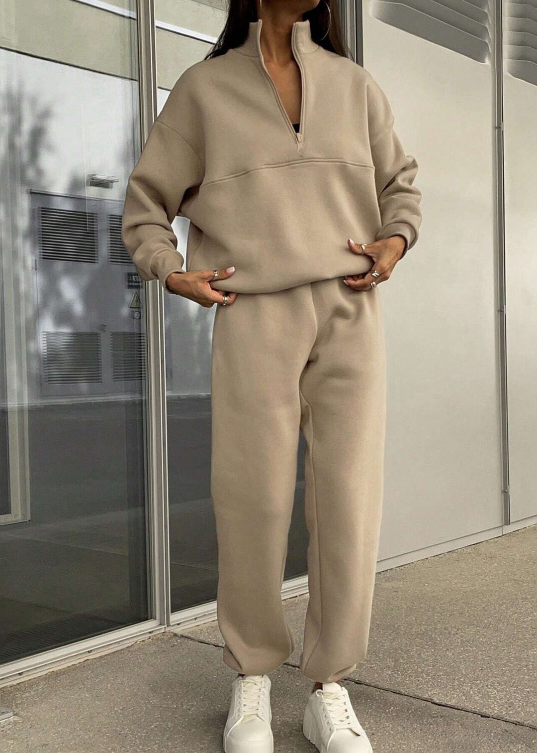 Casual Grey Zip Up Cotton Women Sets 2 Pieces Spring