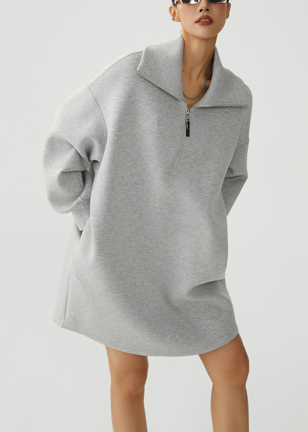 Casual Grey Zip Up Pockets Warm Fleece Sweatshirt Dress Winter