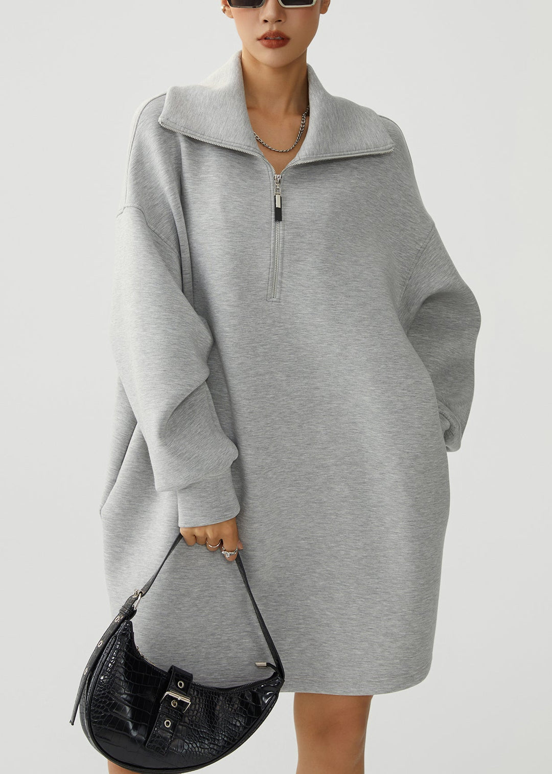 Casual Grey Zip Up Pockets Warm Fleece Sweatshirt Dress Winter