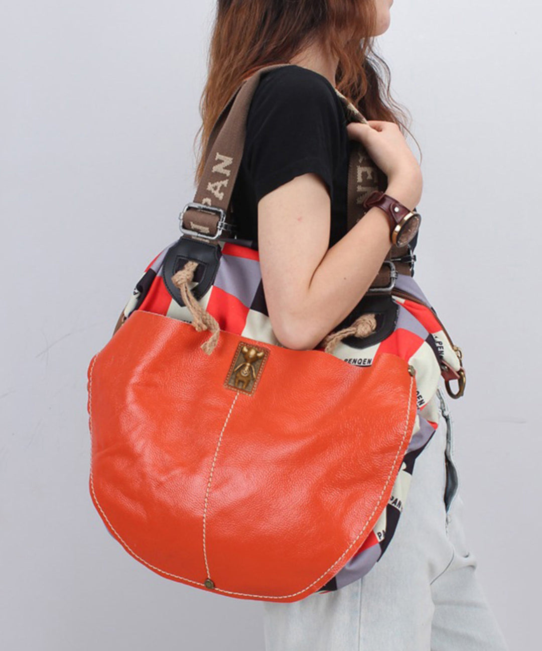 Casual High-Capacity Cowhide Patchwork Canvas Satchel Bag Handbag