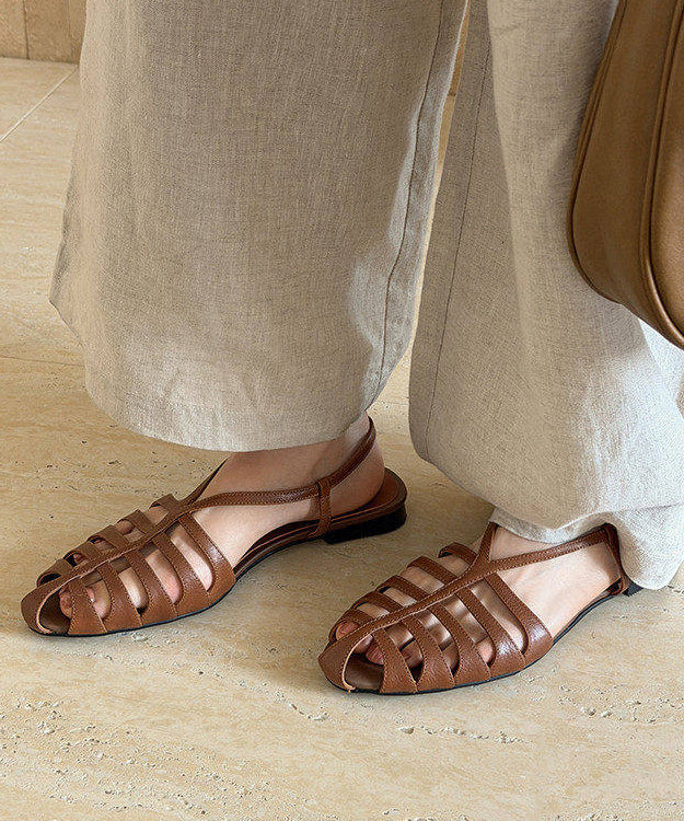 Casual Hollow Out Flat Sandals Black Cowhide Leather