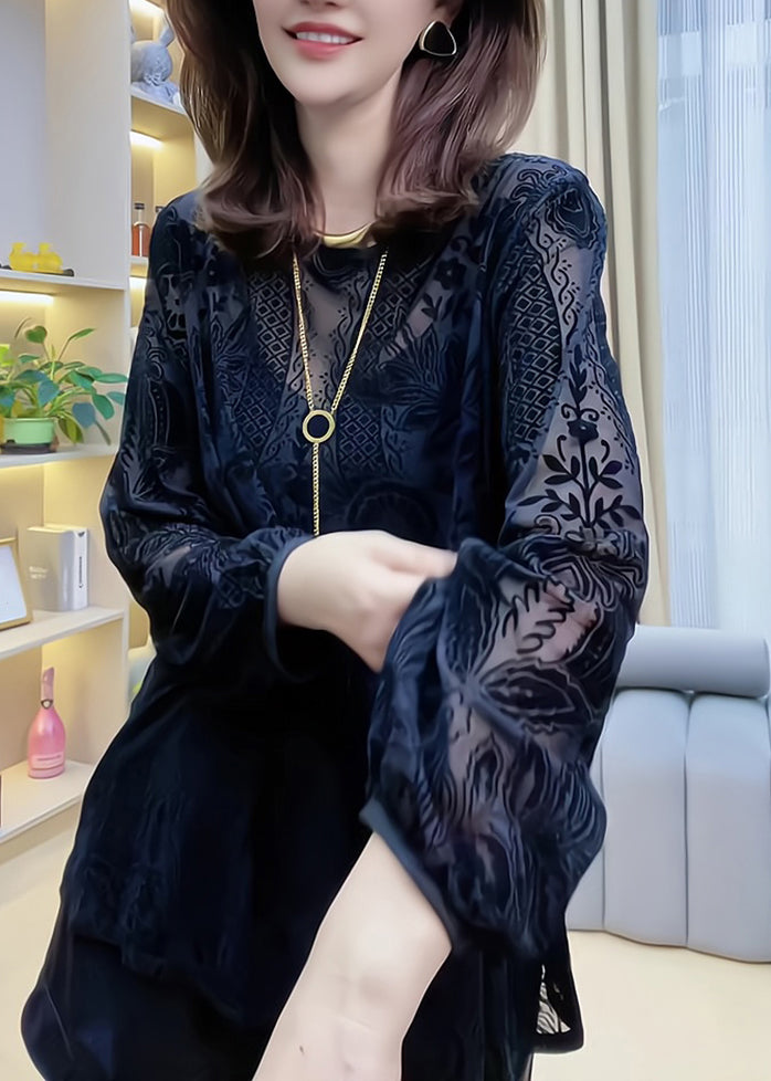 Casual Hollow Out Lace Shirt Black V Neck Spring