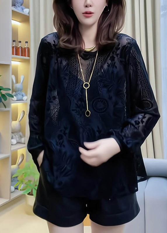 Casual Hollow Out Lace Shirt Black V Neck Spring