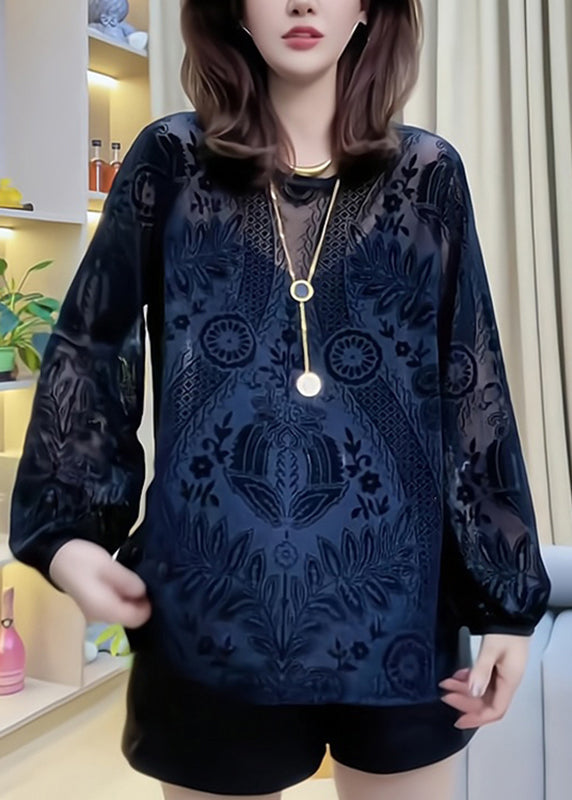 Casual Hollow Out Lace Shirt Black V Neck Spring