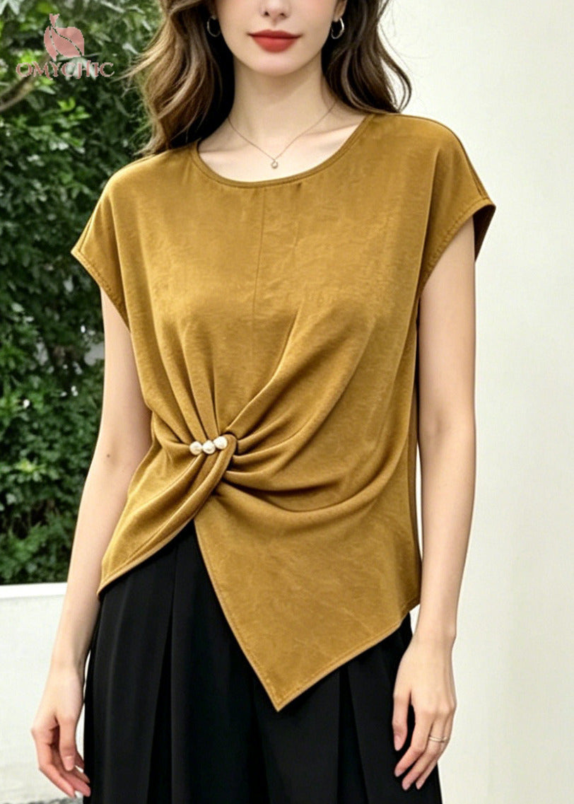 Casual Khaki Asymmetrical Cotton Silk Two Piece Set Women Clothing Summer